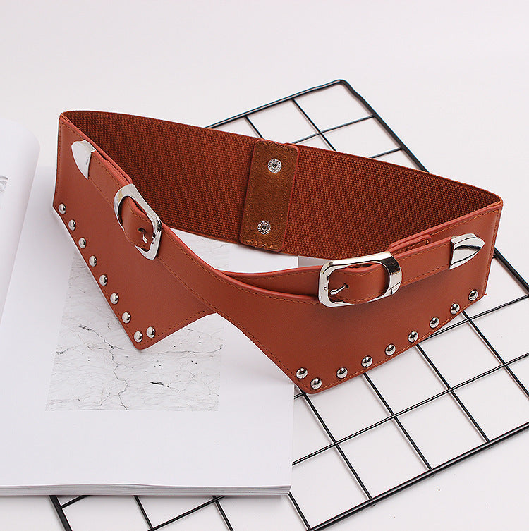 Wide Elastic Rivet Belt – Women’s Decorative Waistband