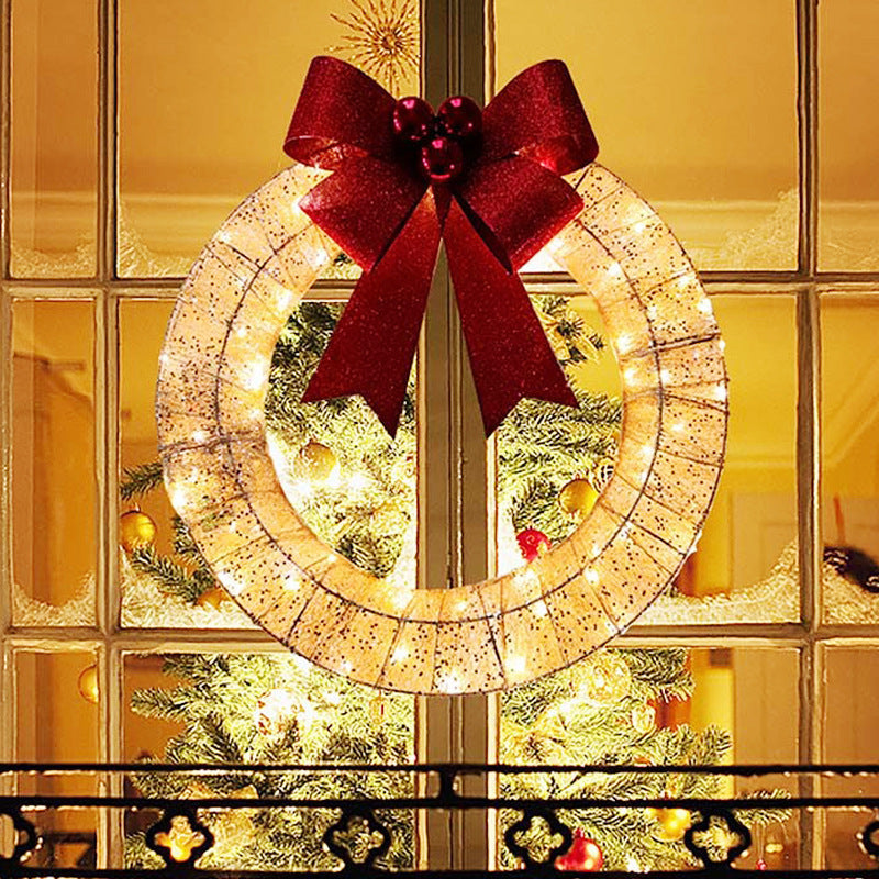 50CM LED Christmas Wreath – Warm Light Garland with Big Bowknot